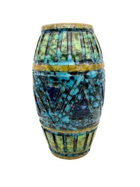 Mid-Century Modern Italian Pottery Vase Green Blue Glaze Geometric Sgraffito